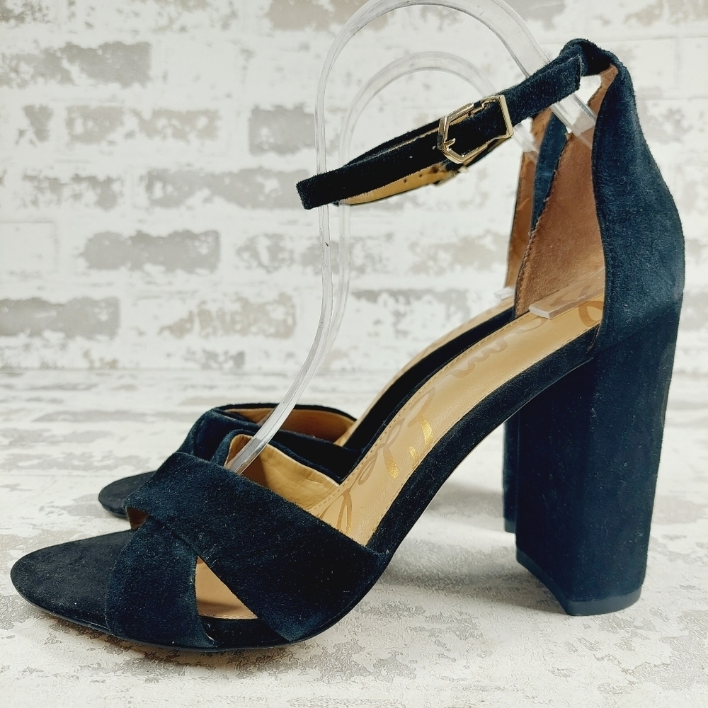New Sam Edelman Yancy Black Faux Suede Ankle Strap Heeled Sandals D907